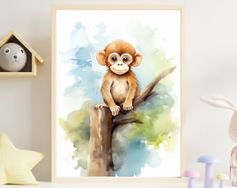 Aap foto, kinderkamer foto aap, kinderkamer decoratie aap, schattige aap aquarel poster, aap kinderkamer kunst aan de muur, jungle poster