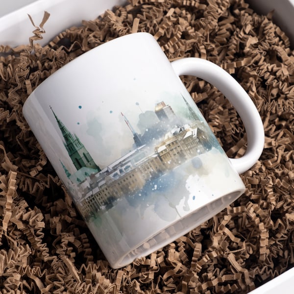 München Kaffeetasse, Winterliche München-Skyline, Weihnachtstasse, München Skyline im Winter, Weihnachtsgeschenk Mitarbeiter