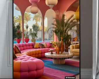 Boho Living Room Print | Maximalist Interior Poster | Pink Lounge Wall Art | Palm Springs Style Decor | Fine Art, Matte or Semi-Gloss