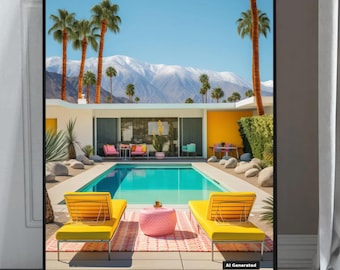 Palm Springs Pool Print | Retro Poolside Lounge Poster | Colorful Mid Century Modern Wall Art | Fine Art, Matte or Semi-Gloss