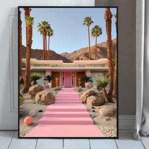 Plakat Palm Springs, Mid Century Modern, rezydencja Palm Springs, Palm Springs, plakat Kalifornii, plakat w stylu vintage, różowa sztuka rezydencji