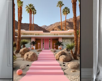 Palm Springs Poster, mid century modern, Palm Springs Mansion, palm Springs, California Poster, Vintage Poster, Pink Mansion Art