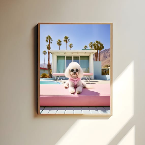 Poodle Print | Funny Dog Poster | Palm Springs Pool Wall Art | Cute Dog in Sunglasses | Fine Art, Matte or Semi-Gloss | Multiple Sizes
