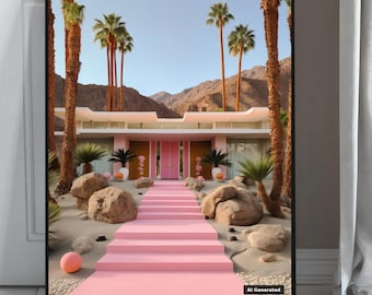 Pink Palm Springs House Print | Mid Century Modern Mansion Poster | Pink Aesthetic Wall Art | Fine Art, Matte or Semi-Gloss | Multiple sizes