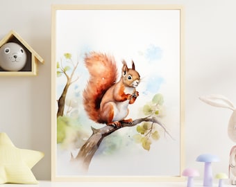 Cute squirrel watercolor poster, wall art for children's room, animal poster for children's room, woodland animal illustration, animal painting poster