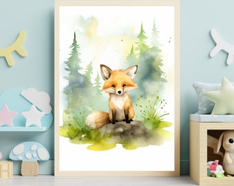 Fox poster, nursery decor, playful fox watercolor poster, nursery wall art, friendly fox illustration, fox picture