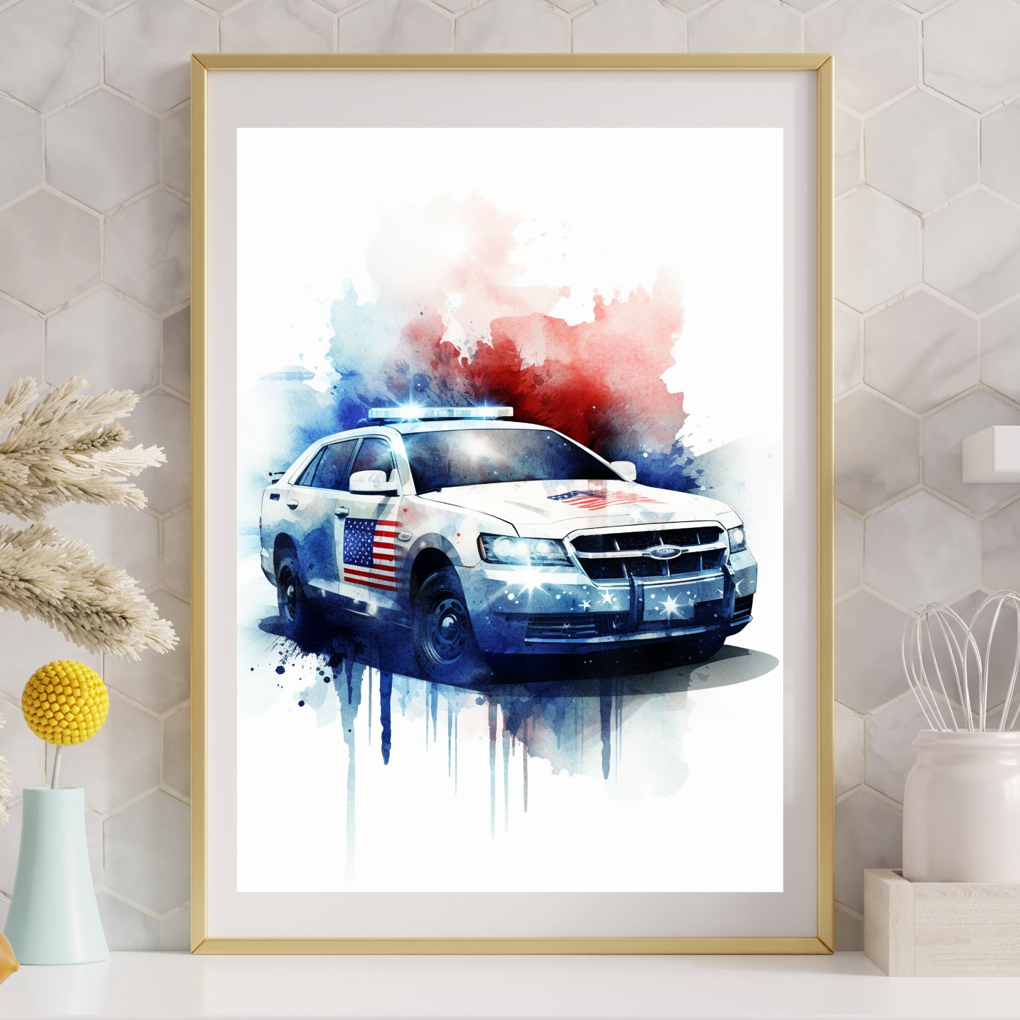 Police Car Watercolor Poster, Children's Room Decoration Police Wall ...