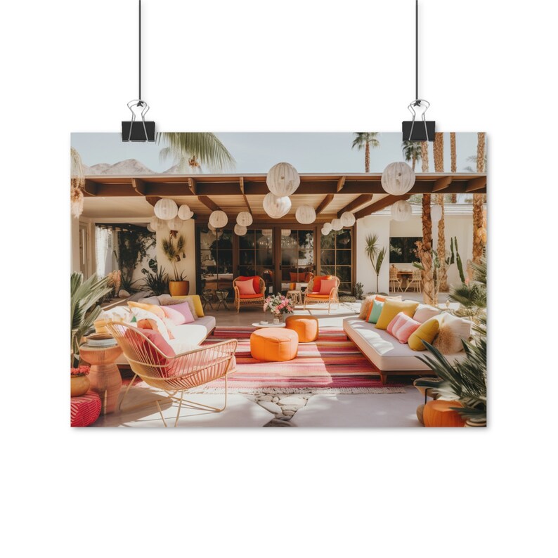 Palm Springs poster, vintage poster Californië, Californië poster, retro woonkamer, jaren 1970 poster, Palm Springs Mansion, Mid Century print afbeelding 5