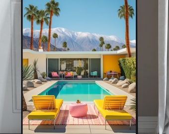 Mid-Century Poolside Oasis Poster, Palm Springs Retro Poster, Palm Springs Mansion, Palm Springs, Mid-Century Modern Palm Springs