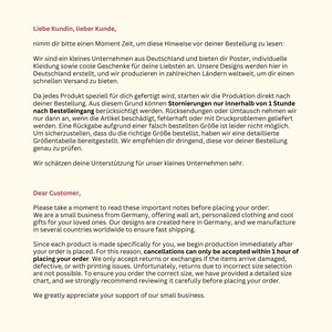 K&ouml;nnte beinhalten: Ein Dokument mit hellcremefarbenem Hintergrund und schwarzem Text auf Deutsch und Englisch. Der Text erl&auml;utert die Gesch&auml;ftsbedingungen bez&uuml;glich Stornierungen, Produktionszeiten, R&uuml;ckgabebedingungen bei besch&auml;digten Artikeln und Gr&ouml;&szlig;entabellen.