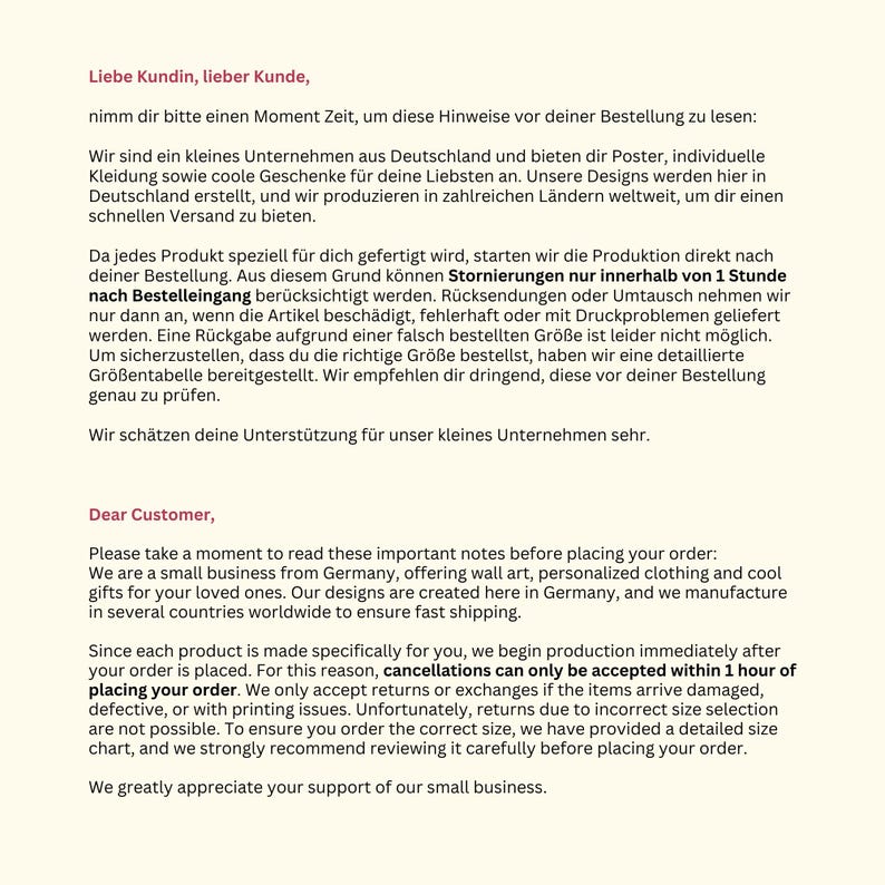 K&ouml;nnte beinhalten: Ein Dokument mit hellcremefarbenem Hintergrund und schwarzem Text auf Deutsch und Englisch. Der Text erl&auml;utert die Gesch&auml;ftsbedingungen bez&uuml;glich Stornierungen, Produktionszeiten, R&uuml;ckgabebedingungen bei besch&auml;digten Artikeln und Gr&ouml;&szlig;entabellen.