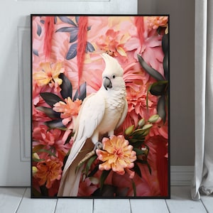 Cockatoo Poster, Flower Poster, Cockatoo on Flower Background Canvas Print, Elegant White Parrot Wall Art, Tropical Poster