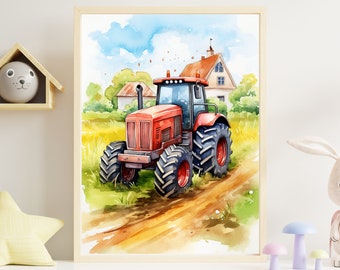 Traktor Aquarell Poster, Bauernhof Fahrzeug Wandkunst, Landmaschinen Illustration, Kinderzimmer Deko, Trecker Poster, Traktor Bild