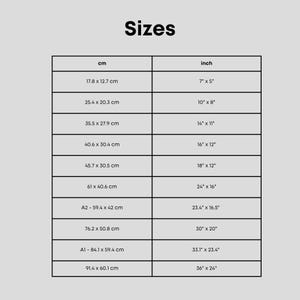 Op de afbeelding: Een tabel met verschillende maten in centimeters en inches. De maten vari&euml;ren van 7 inch bij 5 inch tot 36 inch bij 24 inch.