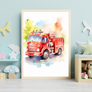 Cartel de acuarela del camión de bomberos, imagen del departamento de bomberos, arte de la pared del departamento de bomberos para la habitación de los niños, imagen de vehículos héroes, ilustración de la sala de juegos