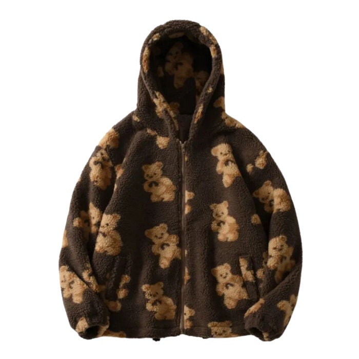 Teddy Bear Print Fleece Jacket Plush Jacket Winter Jacket