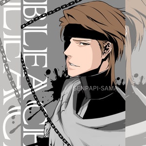 May include: A black and white illustration of a character from the anime Bleach. The character has brown hair, a black eyepatch, and is wearing a white shirt with a black collar. The text "SENPAI-SAMA" is written in white letters on a black background.