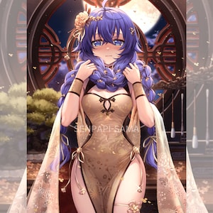 May include: A woman with long blue hair in braids wears a gold and white patterned dress with a low neckline. She is standing in front of a large, ornate window with a full moon visible in the background. The text "SENPAI-SAMA" is visible on the dress.