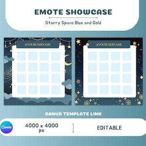 Pode incluir: Modelo Canva editável para uma vitrine de emotes com um tema de espaço estrelado. O modelo apresenta um esquema de cores azul e dourado com estrelas, uma lua crescente e nuvens. O modelo tem 4000 x 4000 pixels.