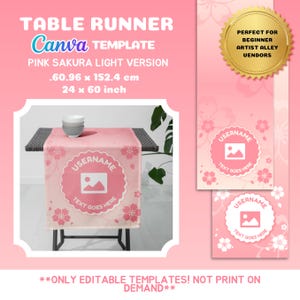 Op de afbeelding: Roze tafelkleed sjabloon met een lichtroze achtergrond en witte kersenbloesems. Het sjabloon bevat een cirkel met een plaatsvervanger voor een afbeelding en de tekst "USERNAME" en "TEXT GOES HERE". Het tafelkleed is 60,96 cm bij 152,4 cm.