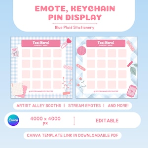 May include: A digital template with a blue and white plaid design and pink embellishments. The template is for displaying emotes, keychains, and pins. It features text boxes, decorative elements, and the text "Text Here!" and "SUBTEXT HERE". The Canva logo is visible.
