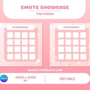 Puede incluir: Plantilla de redes sociales rosa y blanca con el texto "EMOTE SHOWCASE" y "PINK MODERN" en la parte superior. La plantilla tiene dos secciones con una cuadrícula de 16 cuadrados para agregar imágenes o texto. El texto "@YOURUSERNAME" aparece en ambas secciones. El texto "CANUA TEMPLATE LINK" aparece debajo de las secciones. El texto "4000 x 4000 px" y "EDITABLE" aparece debajo de la plantilla.