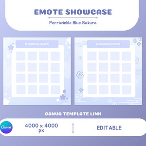 Könnte beinhalten: Eine Vorlage für einen Social-Media-Beitrag, der eine Sammlung von Emojis zeigt. Die Vorlage ist in einem hellblauen Farbschema mit einem Muster aus Periwinkle-blauen Kirschblüten gestaltet. Die Vorlage ist 4000 x 4000 Pixel groß und kann bearbeitet werden. Der Text "@YOURUSERNAME" erscheint oben auf jeder Vorlage.