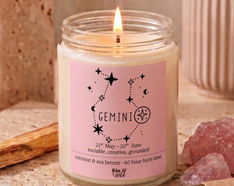 Gemini Candle Handmade with Soy Wax, Gemini Birthday Gift for Her Zodiac Star Sign May June Birthday Celestial Decor Personalised Candle