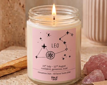 Leo Candle Handmade with Soy Wax, Leo Gift Birthday Gift for Her Zodiac Star Sign July & August Birthday Celestial Decor Spiritual