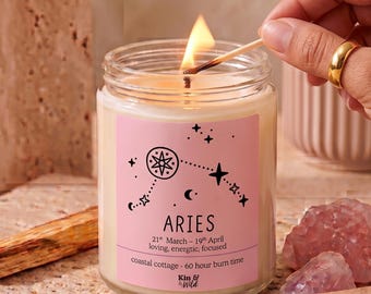 Aries Candle Handmade with Soy Wax, Aries Birthday Gift for Her Zodiac Star Sign March April Birthday Celestial Decor Personalised Candle
