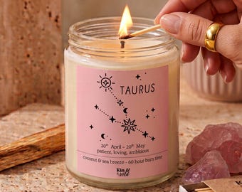 Taurus Candle Handmade with Soy Wax, Taurus Birthday Gift for Her Zodiac Star Sign April & May Birthday Celestial Decor Personalised Candle