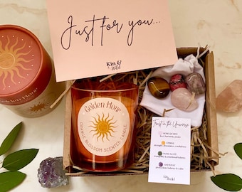 Golden Hour Candle Gift Set – Spiritual Gift Manifestation Candle Crystal Gift Intention Candle Self Care Gift for Her Crystal Hamper