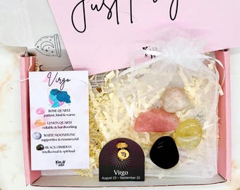 Virgo Gift Set with Star Sign Crystals - Zodiac Self Care Present Letterbox Friendly Birthday Gift for her Hug in a Box Care Package