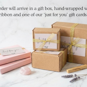 Your spiritual gift will come in a kraft gift box, wrapped in gold ribbon and one of our 'just for you' gift cards