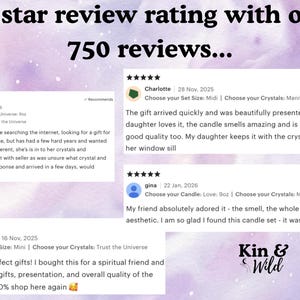May include: A digital graphic featuring the text 4.9 star review rating with over 750 reviews and the brand name Kin & Wild. The image displays four customer reviews with five-star ratings, including text testimonials from Leona, Charlotte, Gina, and Lauren.