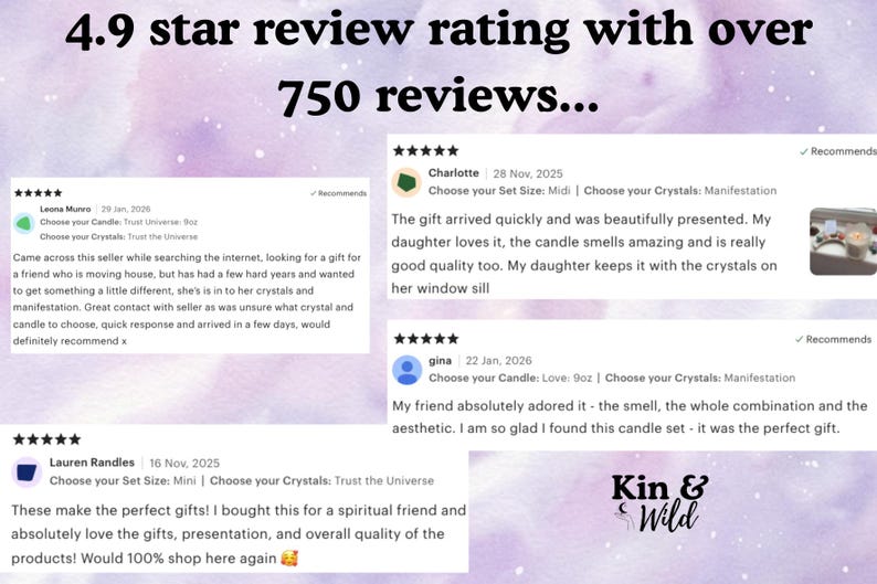 May include: A digital graphic featuring the text 4.9 star review rating with over 750 reviews and the brand name Kin & Wild. The image displays four customer reviews with five-star ratings, including text testimonials from Leona, Charlotte, Gina, and Lauren.