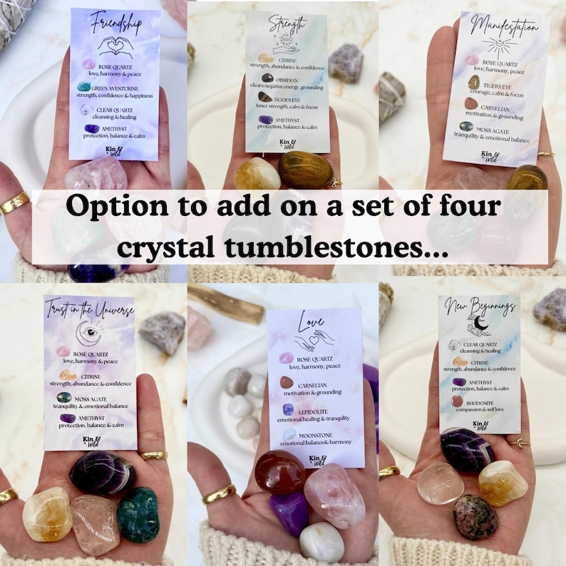 May include: A set of crystal tumblestones with informational cards. The cards feature the words "Friendship", "Strength", "Manifestation", "Trust in the Universe", "Love", and "New Beginnings". Each card lists the crystals and their properties.