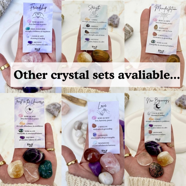 May include: Six sets of polished tumbled crystals, each accompanied by a descriptive information card. The cards feature themes like Friendship, Strength, Manifestation, Trust in the Universe, Love, and New Beginnings, listing specific stones.