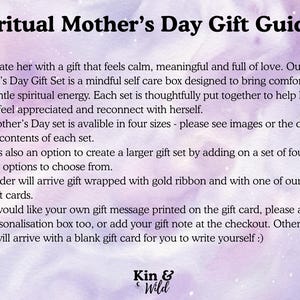 May include: Text on a soft purple background reads "Spiritual Mother's Day Gift Guide..." with bullet points describing a gift set designed for comfort and spiritual energy. The set is available in four sizes, with an option to add crystals.