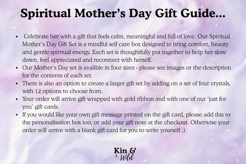 May include: Text on a soft purple background reads "Spiritual Mother's Day Gift Guide..." with bullet points describing a gift set designed for comfort and spiritual energy. The set is available in four sizes, with an option to add crystals.