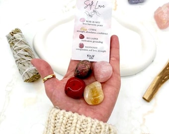Self Love Crystals Gift Set, Letterbox Friendly Crystal Kit with Rose Quartz and Rhodonite Tumblestones