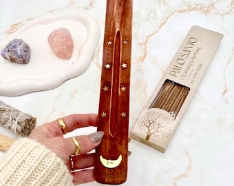 Wooden Incense Holder Set with Gold Crescent Moon Design, Incense Sticks and Optional Crystals