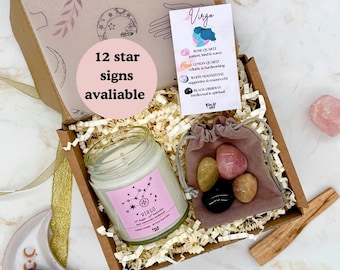 Zodiac Candle and Crystals Gift Set, Spiritual Birthday Gift for Her Unique Care Package for Friend