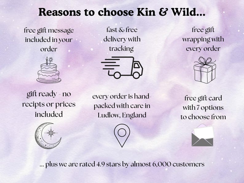 May include: A light purple background with the text Reasons to choose Kin & Wild. It lists features including free gift message, fast delivery, free gift wrapping, no receipts, hand packed in Ludlow, England, and a free gift card with 7 options.