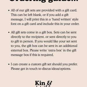May include: A beige background with the text "Ordering guide..." in a large, black font. Bullet points detail gift set options, including gift cards, gift boxes, and custom sets. The Kin & Wild logo is at the bottom.