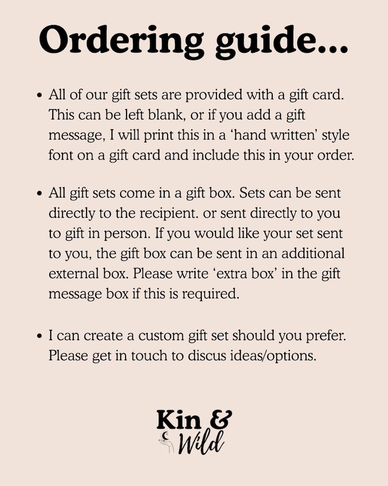 May include: A beige background with the text "Ordering guide..." in a large, black font. Bullet points detail gift set options, including gift cards, gift boxes, and custom sets. The Kin & Wild logo is at the bottom.