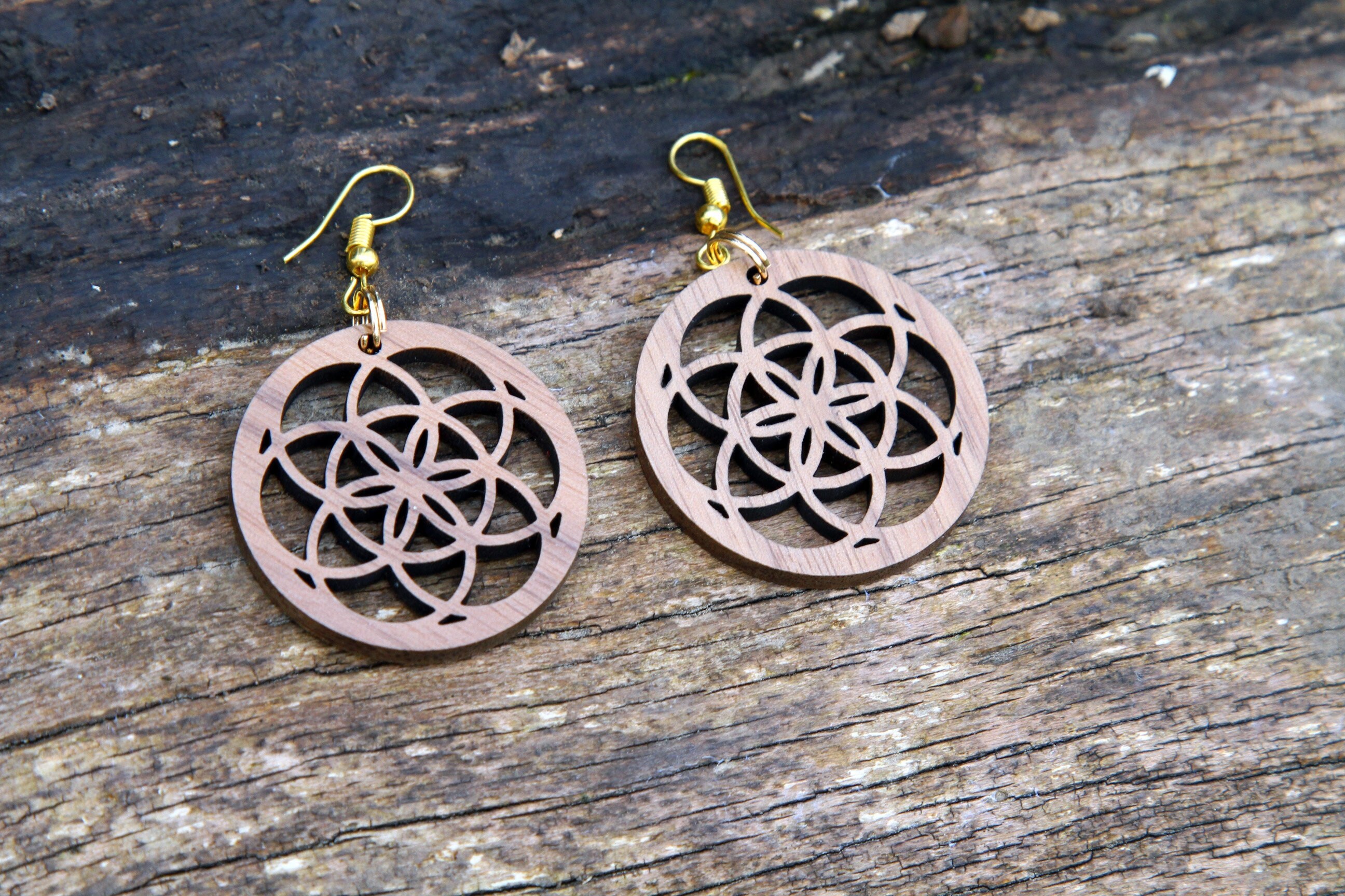 Seed of Life Earrings, solid walnut, sacred geometry, hippie, boho