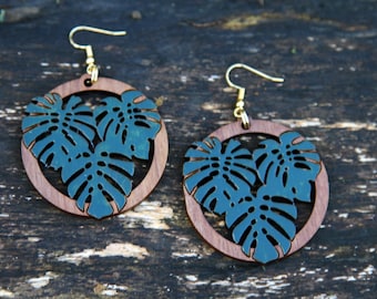 Tropical Leaf Earrings, Monstera earrings, boho bohemian, floral, horticultural, solid walnut statement earrings