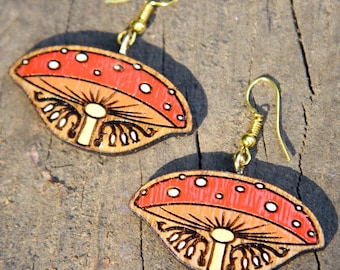 Cute Mushroom Earrings, Fly Agaric Earrings, Art Nouveau Earrings, Oak Earrings