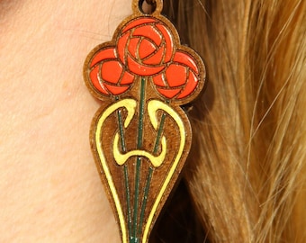 Rose Flower Earrings, Art Nouveau, Rennie Mackintosh earrings, walnut, boho bohemian, floral, horticultural, statement earrings
